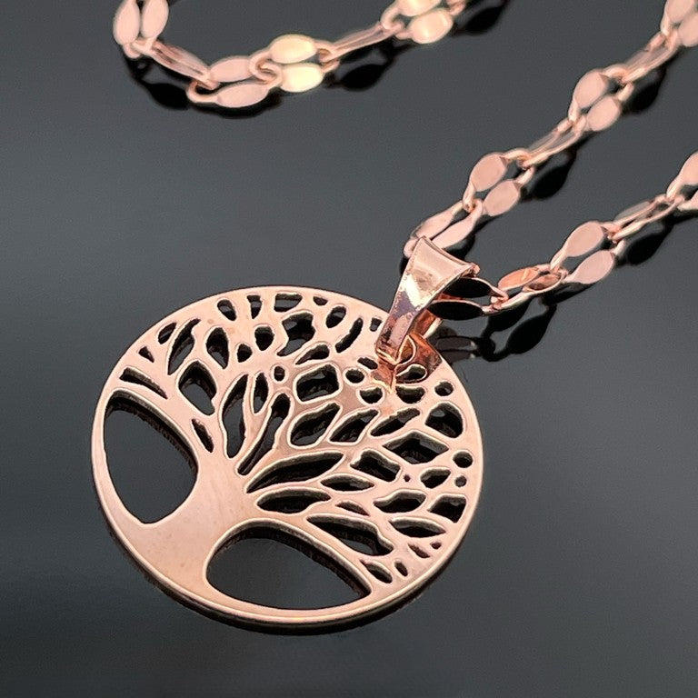 PLÄTTCHENKETTE MIT ANHÄNGER "BAUM DES LEBENS" AUS 925/-SILBER ROSÈVERGOLDET