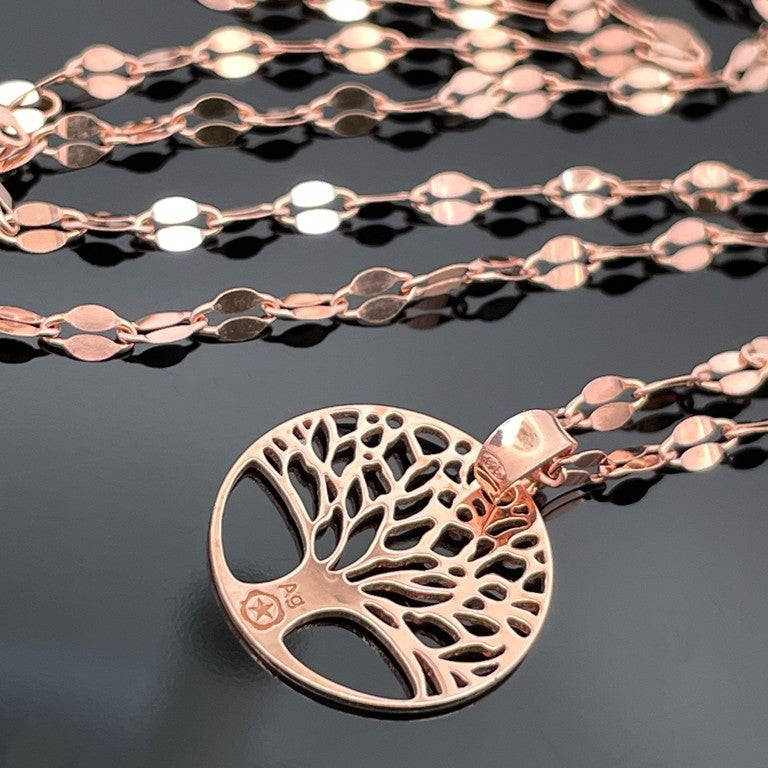 PLÄTTCHENKETTE MIT ANHÄNGER "BAUM DES LEBENS" AUS 925/-SILBER ROSÈVERGOLDET