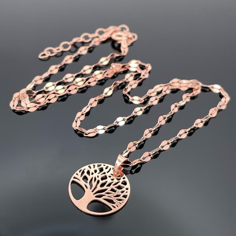 PLÄTTCHENKETTE MIT ANHÄNGER "BAUM DES LEBENS" AUS 925/-SILBER ROSÈVERGOLDET
