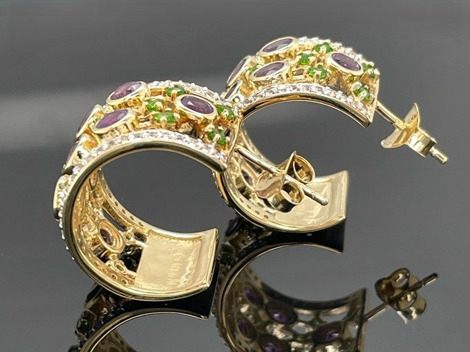 HALBCREOLEN AUS 925/- SILBER VERGOLDET MIT AMETHYST, CHROMDIOPSID, ZIRKON