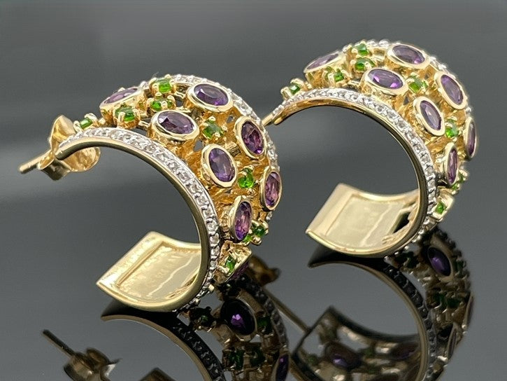 HALBCREOLEN AUS 925/- SILBER VERGOLDET MIT AMETHYST, CHROMDIOPSID, ZIRKON