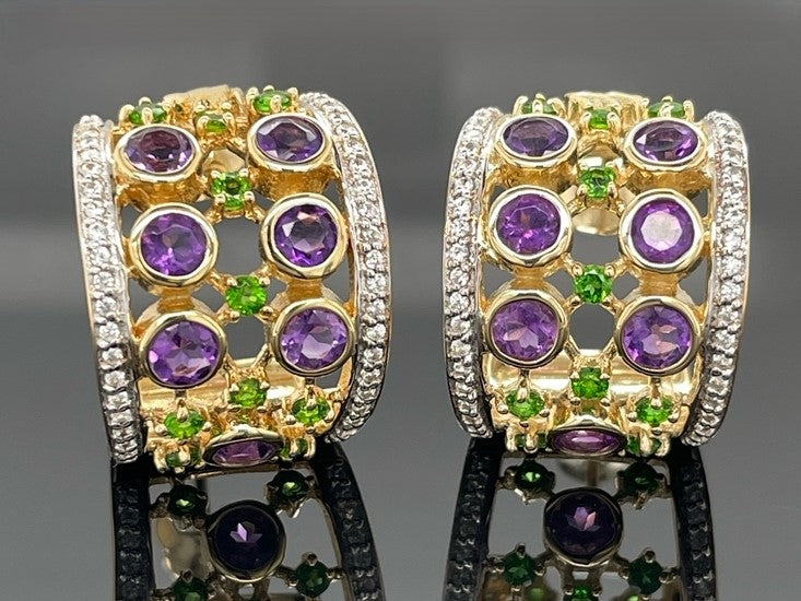 HALBCREOLEN AUS 925/- SILBER VERGOLDET MIT AMETHYST, CHROMDIOPSID, ZIRKON