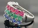 RING AUS 925/- SILBER RHODINIERT MIT SAPHIR, SMARAGD, RUBIN
