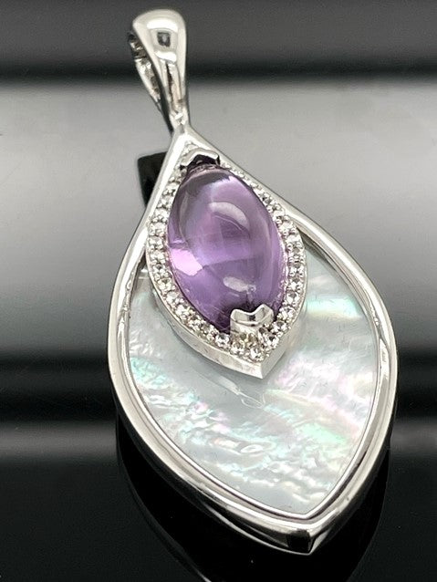CLIP ANHÄNGER AUS 925/- SILBER RHODINIERT MIT AMETHYST, PERLMUTT & ZIRKON