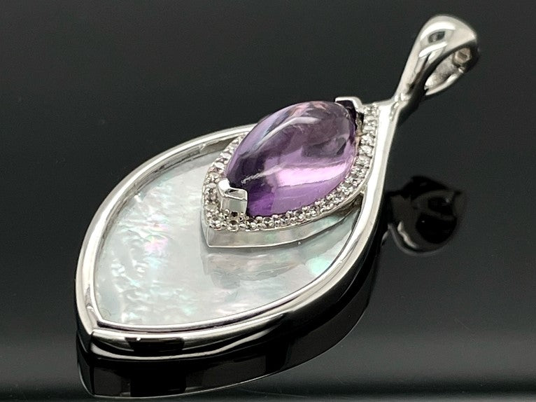 CLIP ANHÄNGER AUS 925/- SILBER RHODINIERT MIT AMETHYST, PERLMUTT & ZIRKON