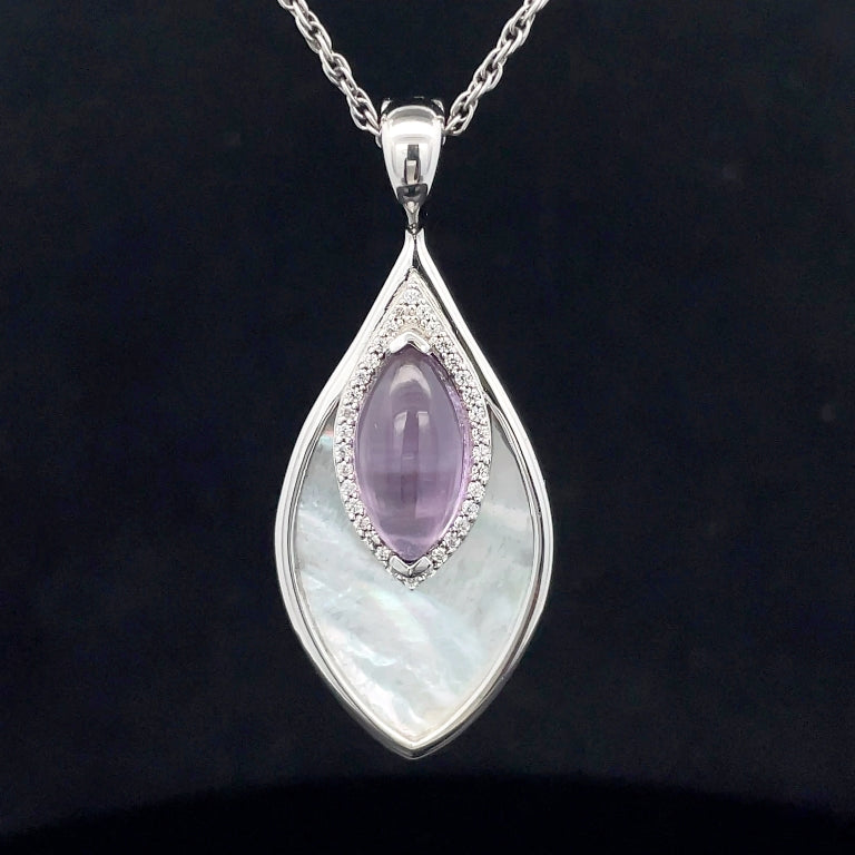 CLIP ANHÄNGER AUS 925/- SILBER RHODINIERT MIT AMETHYST, PERLMUTT & ZIRKON