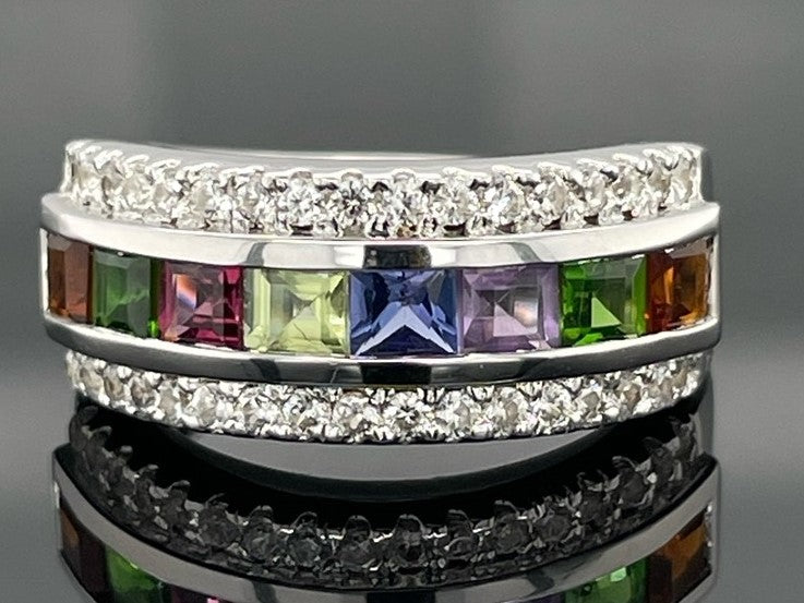 RING AUS 925/- SILBER RHODINIERT MIT MULTI EDELSTEINE (GES. CA.1,60 ct.)
