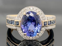 RING  AUS 585/- GELBGOLD MIT TANSANIT AAAA+, SAPHIR & BRILLANTEN