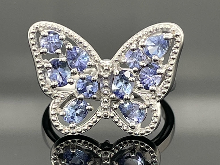 RING AUS 925/- SILBER RHODINIERT MIT TANSANIT