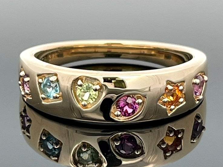 RING GR. 18 (56) AUS 375/- GELBGOLD MIT MULTI EDELSTEINE (GES. CA. 0,421 ct.)