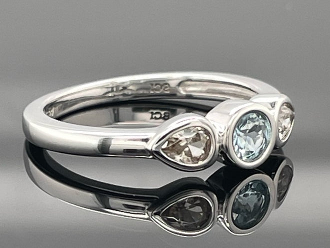 RING AUS 925/- SILBER RHOD. MIT MIT "SANTA MARIA" AQUAMARIN & ZIRKON (ges.ca. 0,59 ct.)