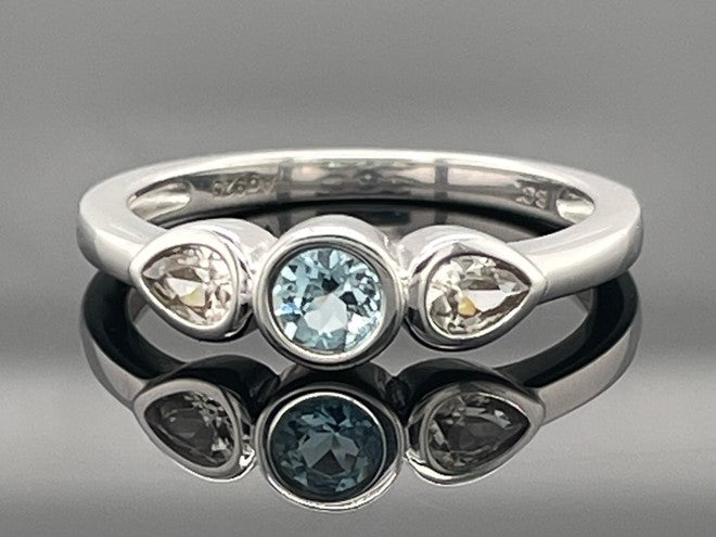 RING AUS 925/- SILBER RHOD. MIT MIT "SANTA MARIA" AQUAMARIN & ZIRKON (ges.ca. 0,59 ct.)