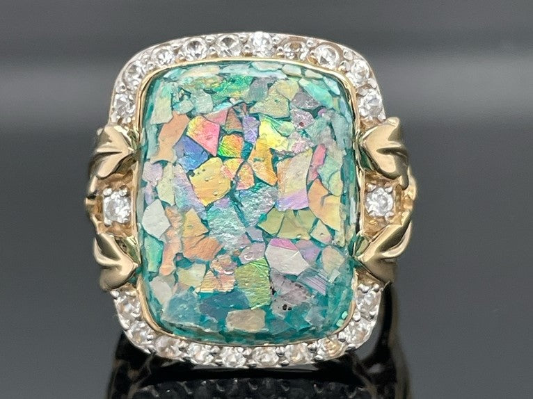 RING AUS 925/- SILBER VERGOLDET MIT RÖHMISCHEM GLAS & ZIRKON
