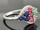 RING AUS 925/- SILBER RHODINIERT MIT SAPHIR, RUBIN, SMARAGD & ZIRKON
