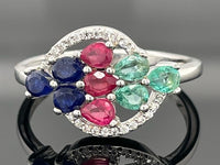 RING AUS 925/- SILBER RHODINIERT MIT SAPHIR, RUBIN, SMARAGD & ZIRKON