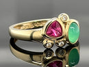 RING AUS 375/- GELBGOLD MIT CHRYSOPRAS, RUBELLIT & ZIRKON (GES.CA 0,62 ct.)