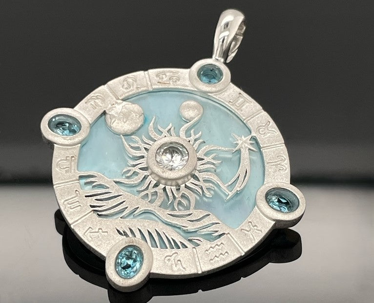 ANHÄNGER AUS 925/- SILBER RHODINIERT MIT PERLMUTT, BLAUTOPAS BEH. & ZIRKON