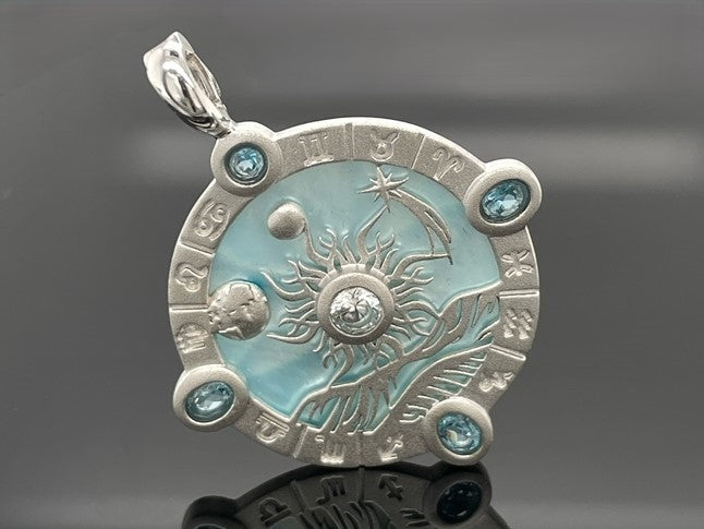 ANHÄNGER AUS 925/- SILBER RHODINIERT MIT PERLMUTT, BLAUTOPAS BEH. & ZIRKON