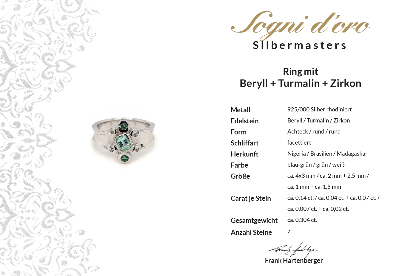 RING AUS 925/- SILBER RHODINIERT MIT BERYLL, TURMALIN & ZIRKON (Kopie)
