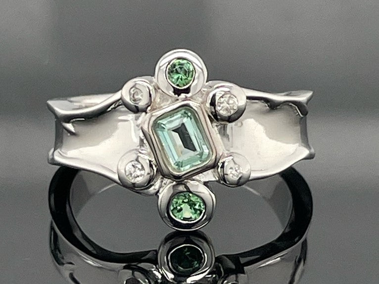 RING AUS 925/- SILBER RHODINIERT MIT BERYLL, TURMALIN & ZIRKON (Kopie)