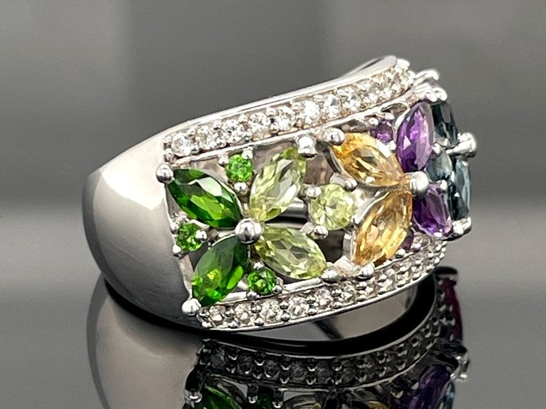 RING AUS 925/- SILBER RHODINIERT MIT MULTI EDELSTEINE