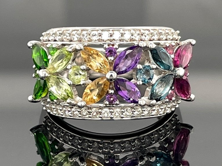 RING AUS 925/- SILBER RHODINIERT MIT MULTI EDELSTEINE