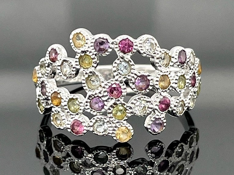 RING AUS 925/- SILBER RHODINIERT MIT MULTI EDELSTEINE (GES.CA.1,80 ct.)