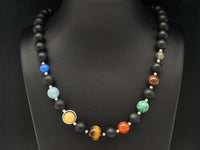 COLLIER "SONNENSYSTEM" 925/- SILBER RHODINIERT MIT MULTI EDELSTEINE