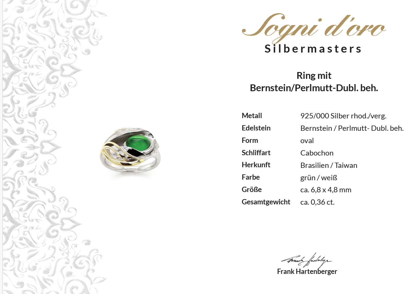 RING AUS 925/- SILBER BICOLOR MIT BERNSTEIN/PERLMUTT-DUBL. (CA. 0,36 ct.)