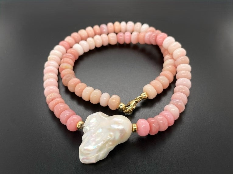 COLLIER 925/- SILBER VERG. MIT PINK OPAL & SÜßWASSERZUCHTPERLE