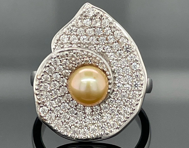 RING AUS 925/- SILBER RHODINIERT MIT SÜßWASSWEZUCHTPERLE & ZIRKON