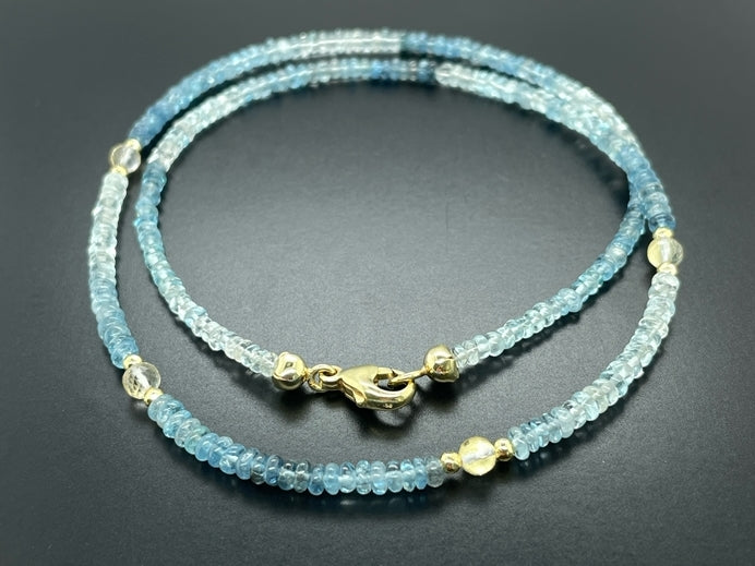 COLLIER 375/- GELBGOLD MIT AQUAMARIN, BK/BLATTGOLD-DUBL.BEH. & HÄMATIT BEH.