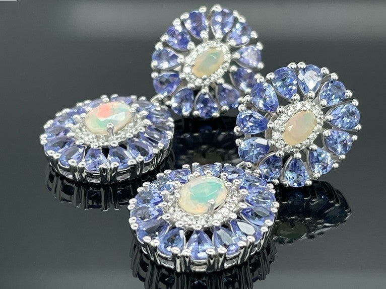 OHRSTECKER AUS 925/- SILBER RHOD. MIT TANSANIT, ÄTHIOP.OPAL & ZIRKON