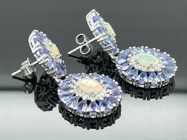 OHRSTECKER AUS 925/- SILBER RHOD. MIT TANSANIT, ÄTHIOP.OPAL & ZIRKON