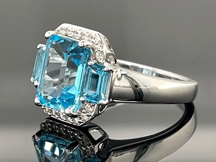 RING AUS 925/- SILBER RHODINIERT MIT SWISS BLUE TOPAS & ZIRKON
