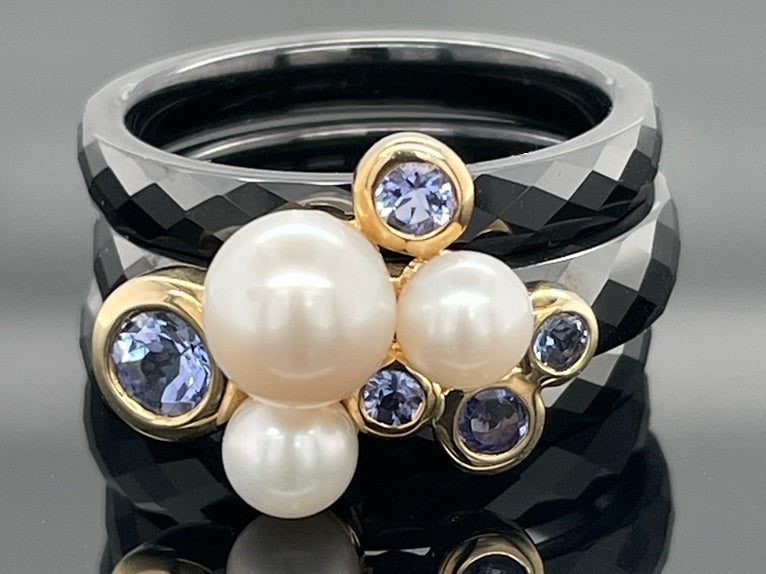 RING SET GR. 17 (CA.53) AUS 375/- GELBGOLD & KERAMIK MIT TANSANIT & SWZP