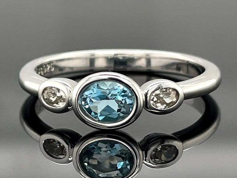 RING AUS 925/- SILBER RHOD. MIT MIT "SANTA MARIA" AQUAMARIN & ZIRKON (ges.ca. 0,49 ct.)