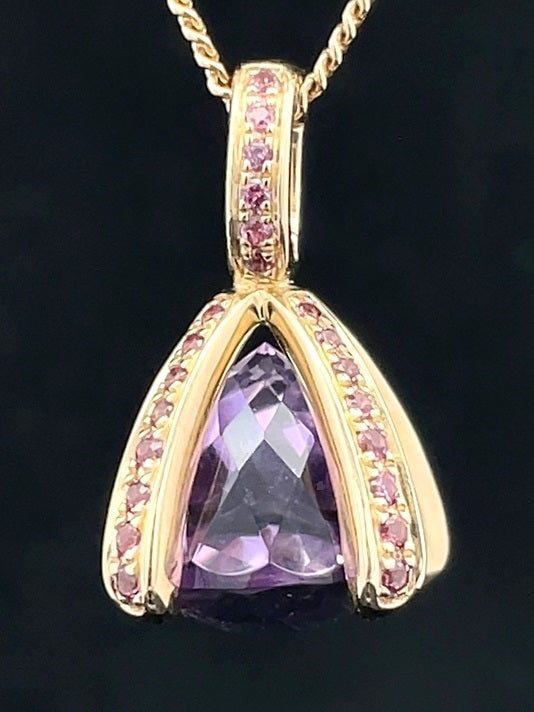 CLIP ANHÄNGER AUS 375/- GELBGOLD MIT AMETHYST & RHODOLITH