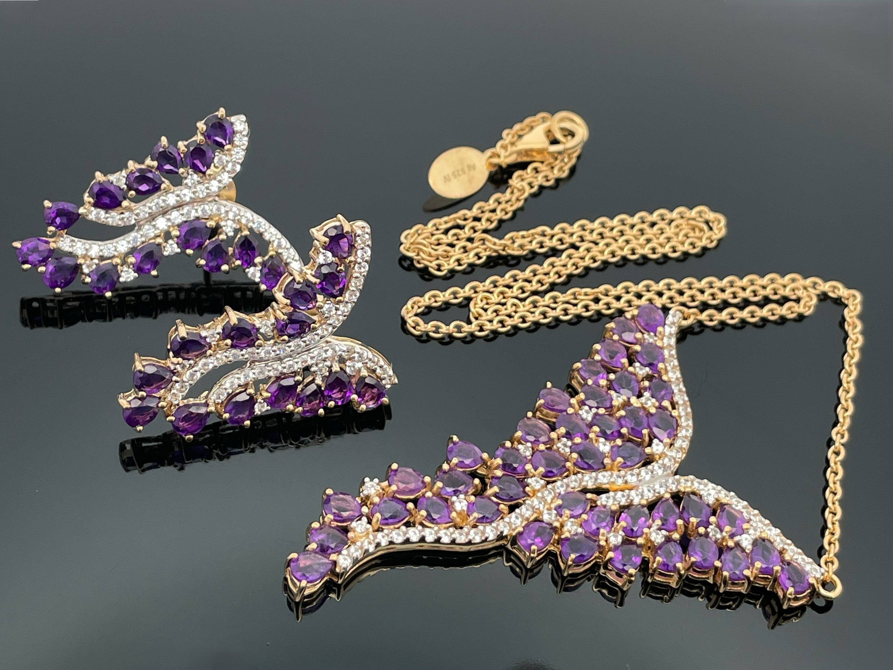 COLLIER & OHRSTECKER AUS 925/- SILBER VERGOLDET MIT AMETHYST & ZIRKON