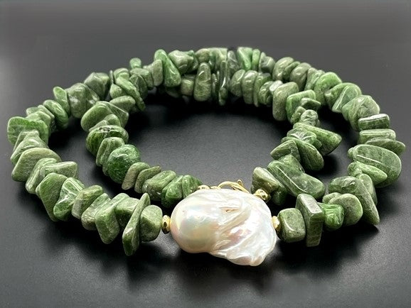 COLLIER 375/- GELBGOLD MIT CHROMDIOPSID & SÜßWASSERZUCHTPERLE