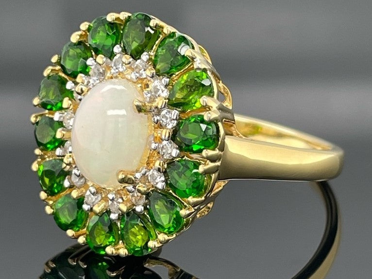RING AUS 925/- SILBER VERGOLDET MIT OPAL & CHROMDIOPSID