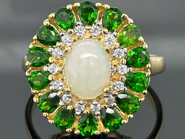 RING AUS 925/- SILBER VERGOLDET MIT OPAL & CHROMDIOPSID