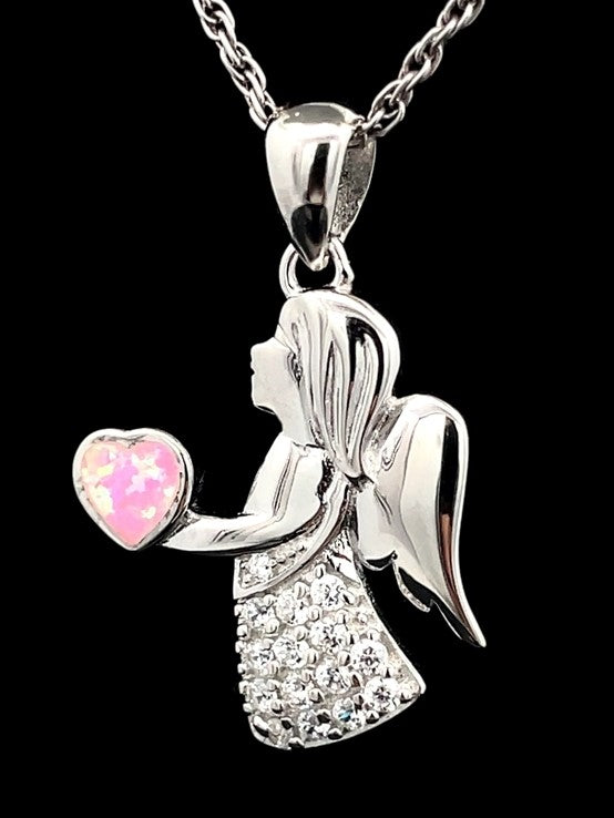 "ENGEL" ANHÄNGER AUS 925/- SILBER RHODINIERT MIT ZIRKONIA & SYNT.OPAL