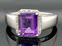 RING AUS 925/- SILBER RHODINIERT MIT AMETHYST & DIAMANTEN