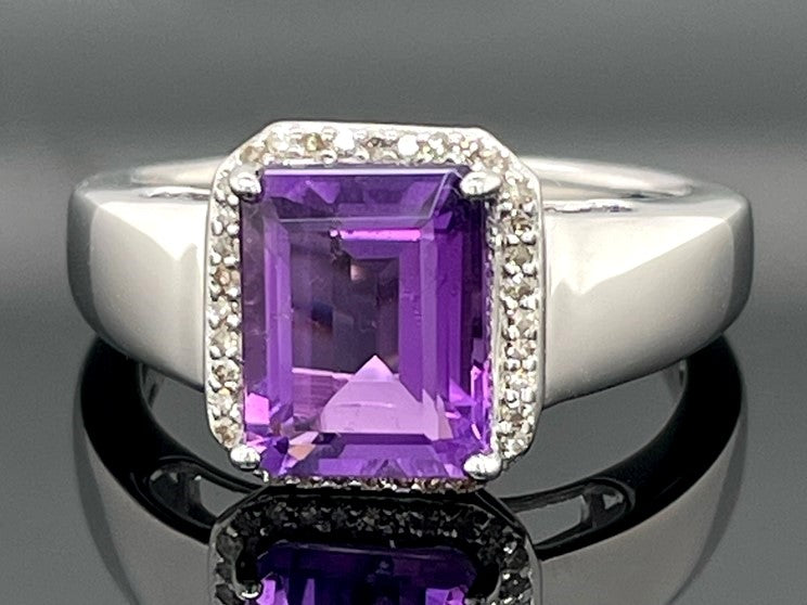 RING AUS 925/- SILBER RHODINIERT MIT AMETHYST & DIAMANTEN