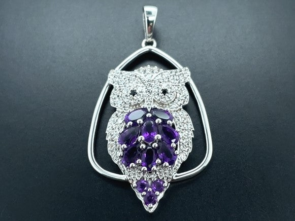 "EULE" ANHÄNGER AUS 925/- SILBER RHODINIERT MIT AMETHYST & ZIRKON