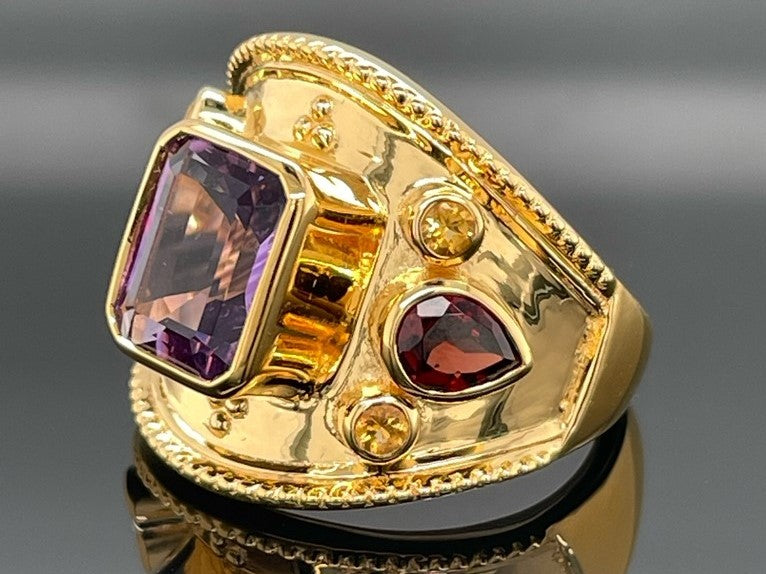 RING AUS 925/- SILBER VERGOLDET MIT AMETHYST, GRANAT, CITRIN