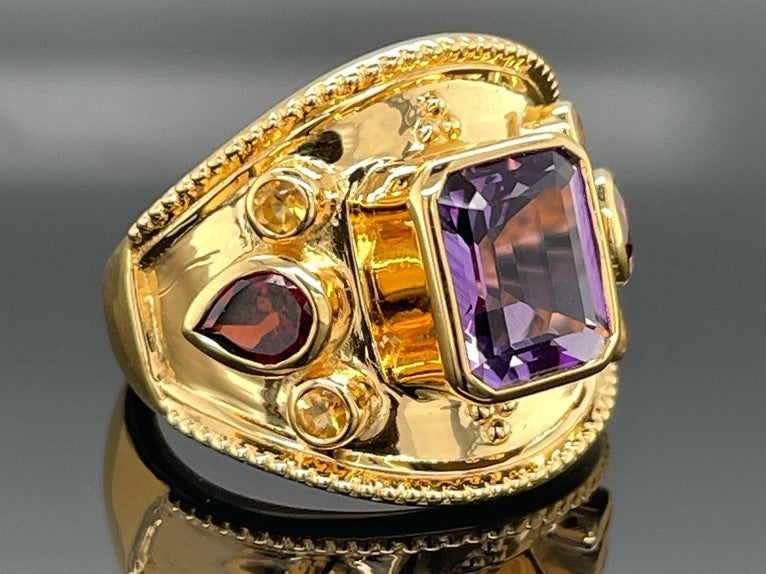 RING AUS 925/- SILBER VERGOLDET MIT AMETHYST, GRANAT, CITRIN