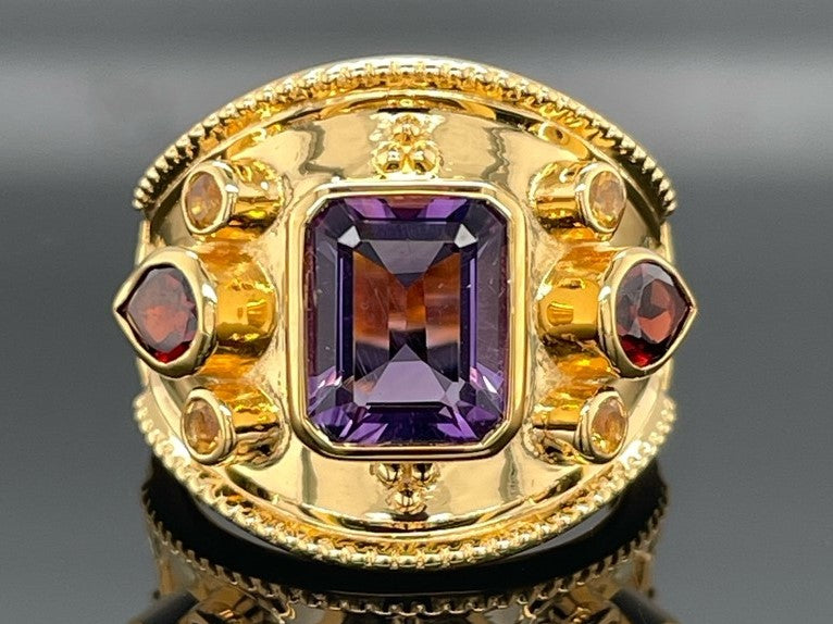 RING AUS 925/- SILBER VERGOLDET MIT AMETHYST, GRANAT, CITRIN