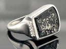 RING AUS 925/- SILBER RHODINIERT MIT TURMALIN/FEINSILBER BEH. &  ZIRKON